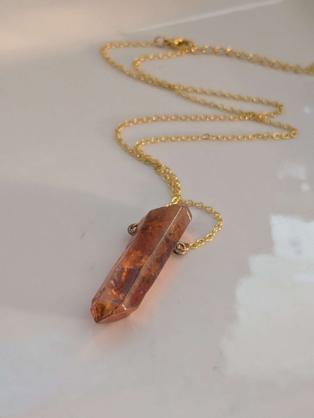 Copper Orange Crystal Point Necklace Gold Tone Chain Aura Quartz Boho (04)